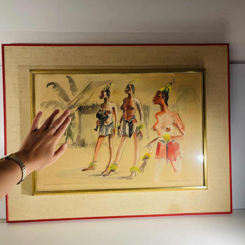 Paul Daxhelet “Afrikaanse dansers, eerste moeders, Ecuador” Afrikanistisch schilderij, ca. 1950