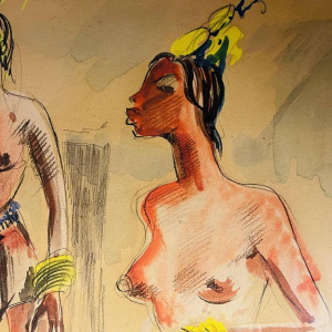 Paul Daxhelet “African dancers, first-time mothers, Ecuador” Africanist painting, ca 1950