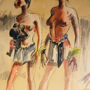 Paul Daxhelet “Danseuses africaines, femmes primipares, Équateur“ tableau africaniste, ca 1950