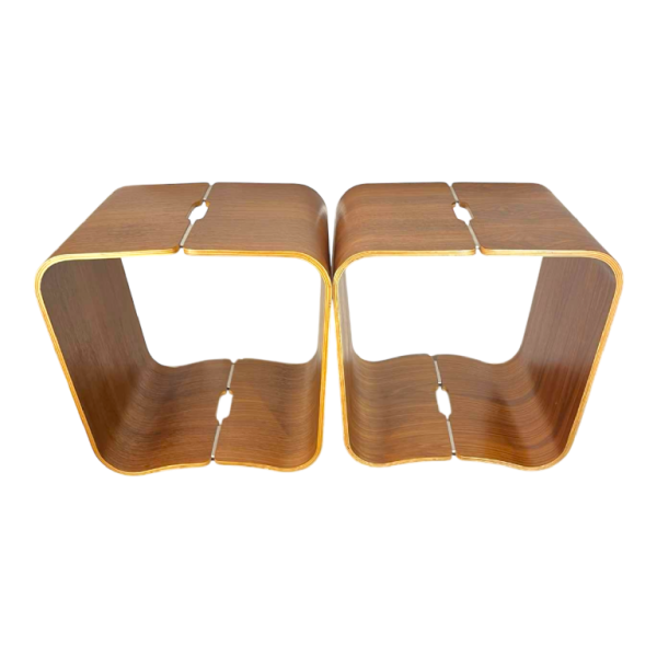 Paire de tabourets / tables d'appoint, palissandre aluminium, bois mutlipex courbé, Design scandinave ca 1970