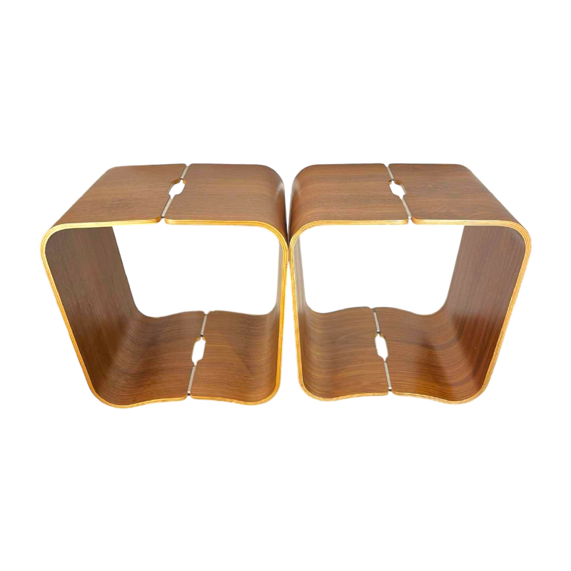 Paire de tabourets / tables d'appoint, palissandre aluminium, bois mutlipex courbé, Design scandinave ca 1970