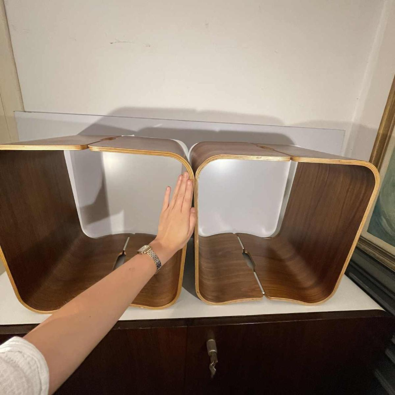 Paar krukken / bijzettafels, palissander aluminium, gebogen multiplex hout, Scandinavisch design ca. 1970