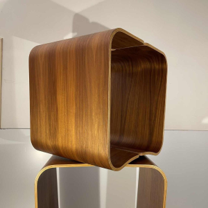 Pair of stools / side tables, rosewood aluminum, curved mutlipex wood, Scandinavian design ca 1970