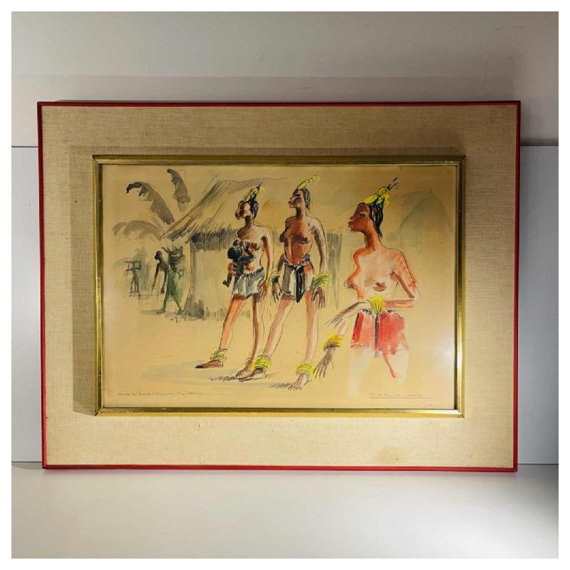 Paul Daxhelet “Afrikaanse dansers, eerste moeders, Ecuador” Afrikanistisch schilderij, ca. 1950