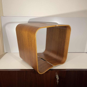 Pair of stools / side tables, rosewood aluminum, curved mutlipex wood, Scandinavian design ca 1970