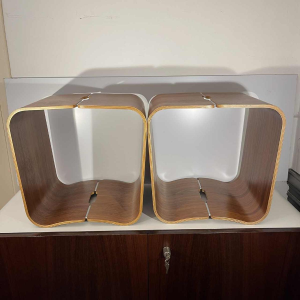 Pair of stools / side tables, rosewood aluminum, curved mutlipex wood, Scandinavian design ca 1970