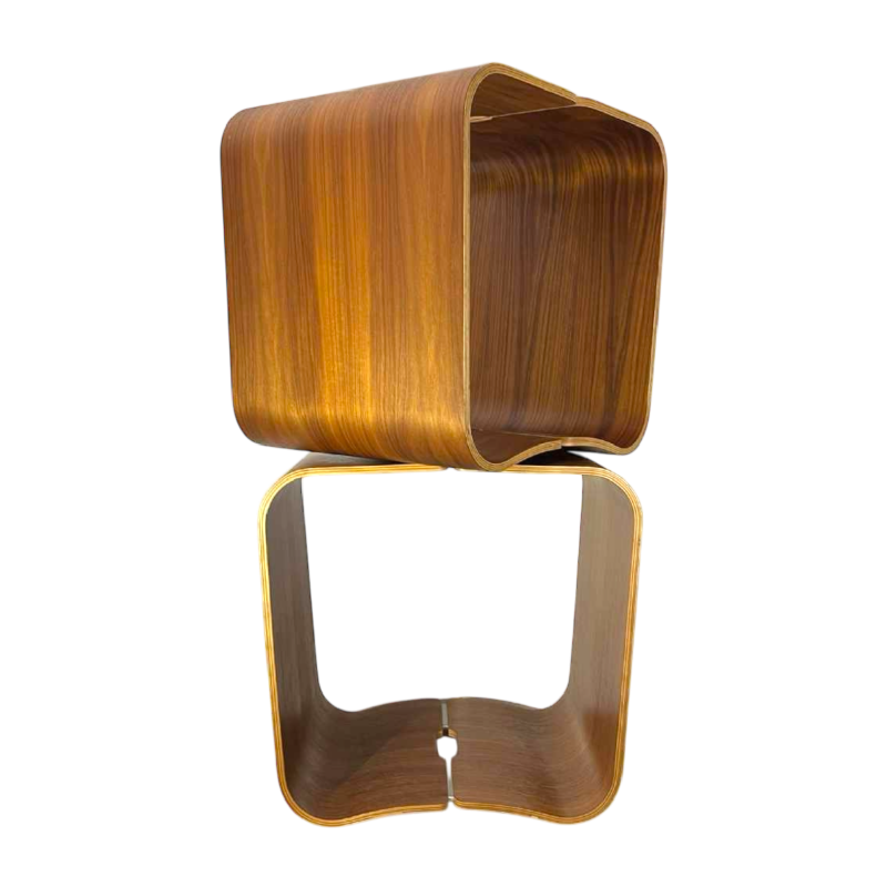 Paire de tabourets / tables d'appoint, palissandre aluminium, bois mutlipex courbé, Design scandinave ca 1970