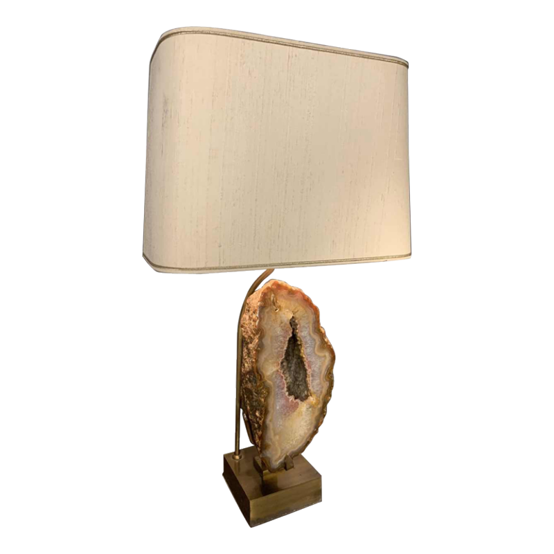 WILLY DARO, Grande Lampe Agate Géode, Pied en Bronze, Hollywood Regency 1970s