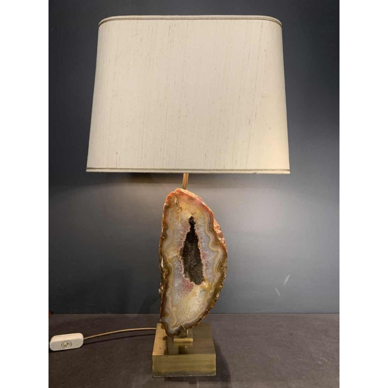 WILLY DARO, Large Agate Geode Stone Table Lamp, Bronze Brass Hollywood Regency