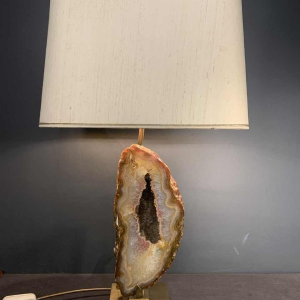 WILLY DARO, Large Agate Geode Stone Table Lamp, Bronze Brass Hollywood Regency