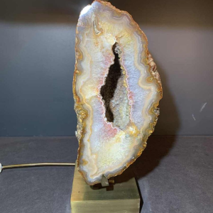 WILLY DARO, Grande Lampe Agate Géode, Pied en Bronze, Hollywood Regency 1970s