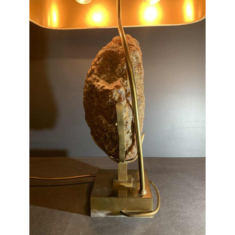WILLY DARO, Large Agate Geode Stone Table Lamp, Bronze Brass Hollywood Regency