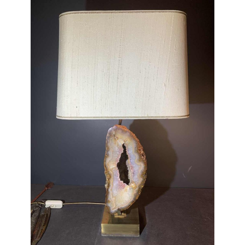 WILLY DARO, Large Agate Geode Stone Table Lamp, Bronze Brass Hollywood Regency