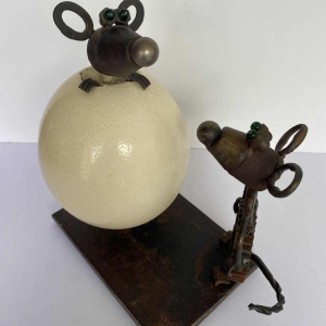 P. Larivière ‘Ne fais le clown, c'est notre souper’, metal sculpture and ostrich egg, 2010