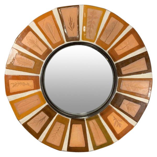 ROGER CAPRON for VALLAURIS, ceramic tiles mirror, natural leaves decor, 1970