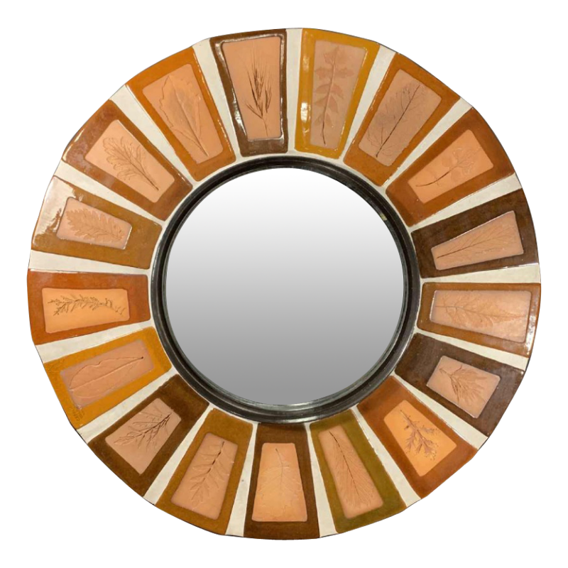 ROGER CAPRON à VALLAURIS, miroir en carreaux de céramique, décor feuilles, 1970