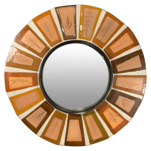 ROGER CAPRON à VALLAURIS, miroir en carreaux de céramique, décor feuilles, 1970