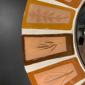 ROGER CAPRON for VALLAURIS, ceramic tiles mirror, natural leaves decor, 1970