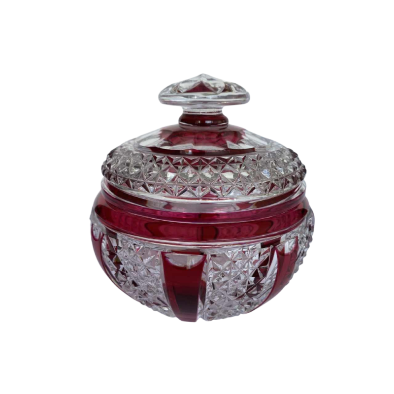Val-Saint-Lambert, kristallen bonbonnière met helder geslepen en rode binnenvoering, ca 1925