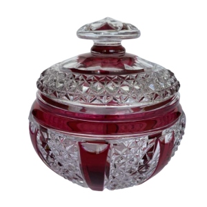 Val-Saint-Lambert, crystal candy dish with clear cut and red lining, ca 1925