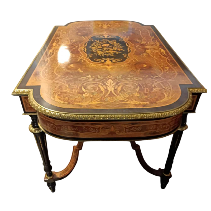 Table de milieu / guéridon Napoléon III, marqueterie, placage, bronze, XIXe s