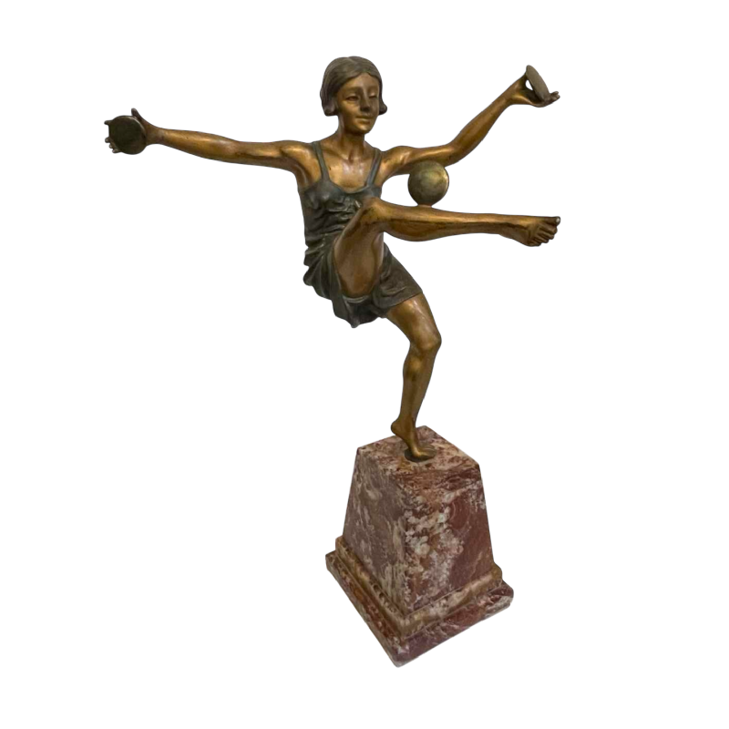 LEONILDO GIANNONI (attr) 'Naakte danseres met schijven' Art Deco sculptuur van gepolychromeerd brons. ca 1930