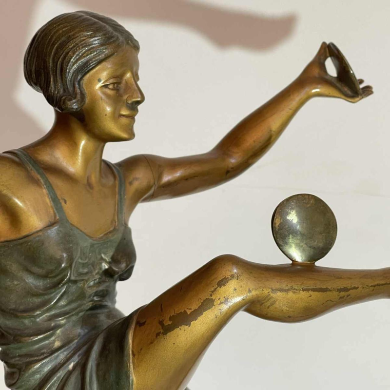 LEONILDO GIANNONI 'Danseuse nue aux disques' Art Deco sculpture in polychrome bronze, ca 1930