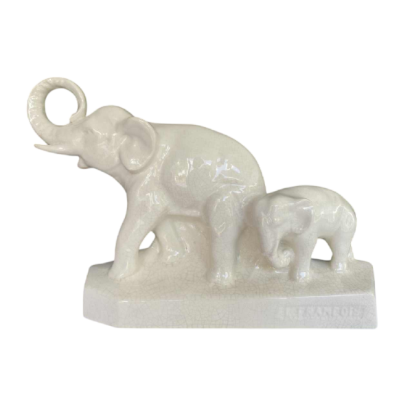 L. François / Saint Radegonde, Elephants sculpture, Art Deco cracked earthenware, 1931
