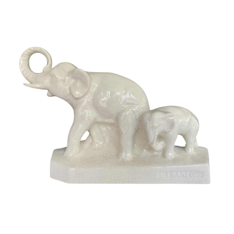 L. François / Saint Radegonde, sculpture Éléphants, céramique faïence craquelée Art Déco, 1931