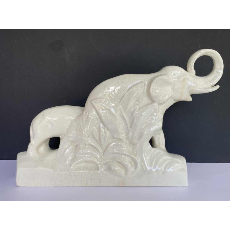L. François / Saint Radegonde, sculpture Éléphants, céramique faïence craquelée Art Déco, 1931