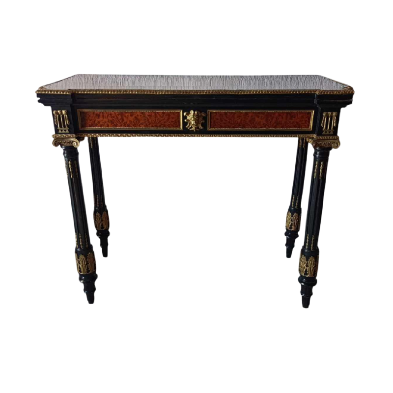 Table de jeu / console Napoléon III, marqueterie, placage, bronze, XIXe s