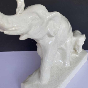 L. François / Saint Radegonde, sculpture Éléphants, céramique faïence craquelée Art Déco, 1931