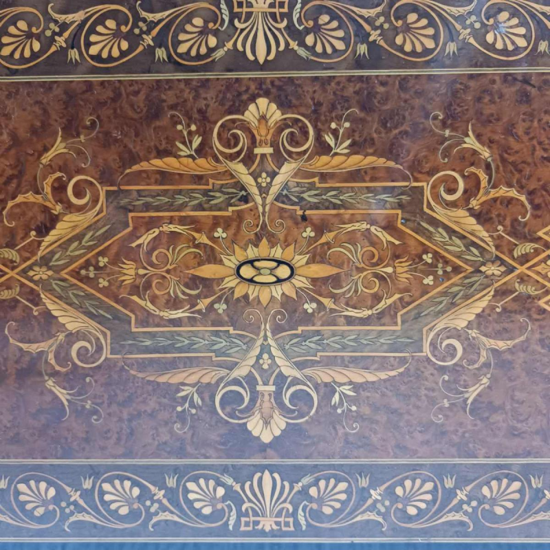 Napoleon III console / game table, marquetry, veneer, bronze, 19th c