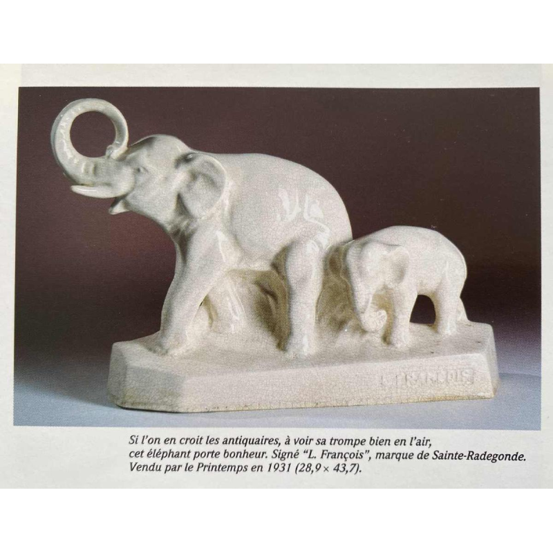 L. François / Saint Radegonde, sculpture Éléphants, céramique faïence craquelée Art Déco, 1931