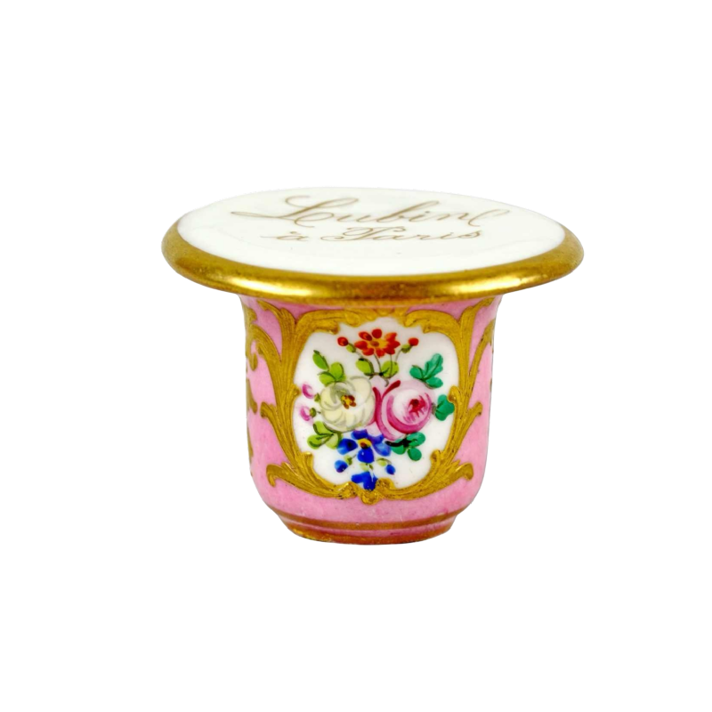 Porcelaine de Paris (ou Limoges) pour Lubin parfumeur à Paris, mortier à fard, XIXe s