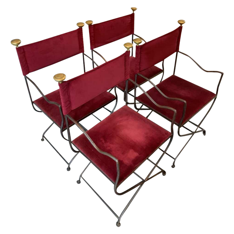 Suite de 4 Chaises / Fauteuils Italiens Curule SAVONAROLA Fer Forgé Laiton 1940s