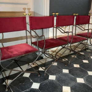 Suite de 4 Chaises / Fauteuils Italiens Curule SAVONAROLA Fer Forgé Laiton 1940s