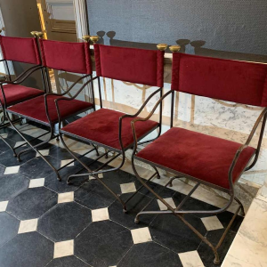 Suite de 4 Chaises / Fauteuils Italiens Curule SAVONAROLA Fer Forgé Laiton 1940s