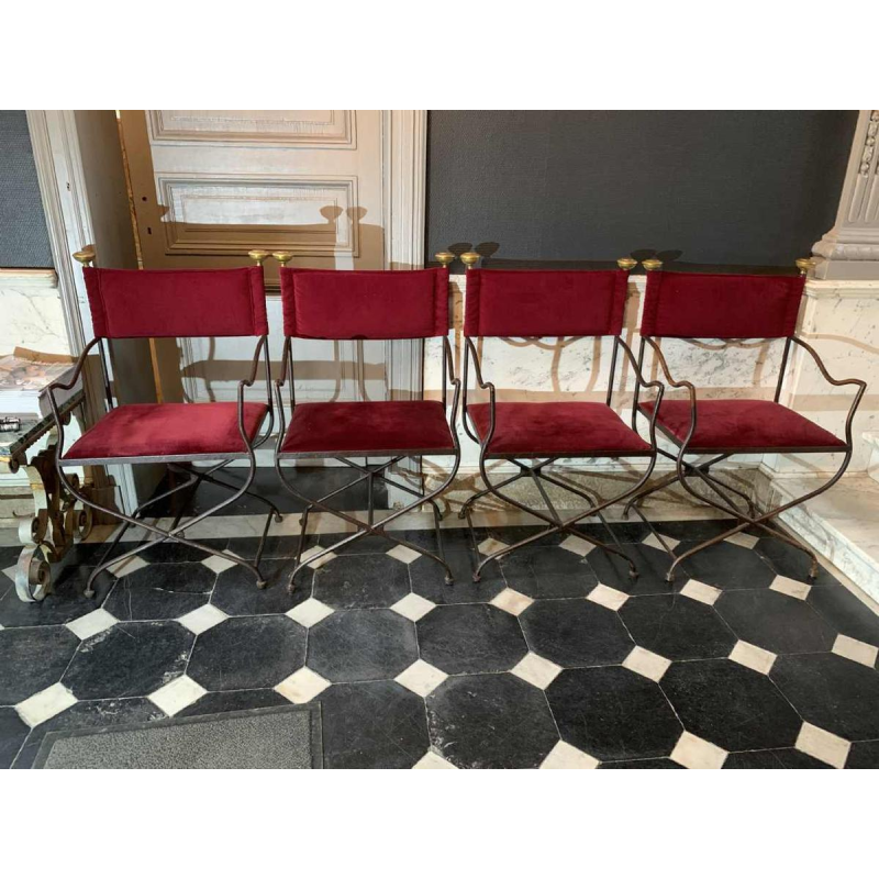 Suite de 4 Chaises / Fauteuils Italiens Curule SAVONAROLA Fer Forgé Laiton 1940s