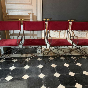 Suite of 4 Italian SAVONAROLA Dining Chairs / Armchairs, Wrought Iron Brass1940s