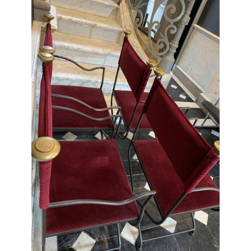 Suite de 4 Chaises / Fauteuils Italiens Curule SAVONAROLA Fer Forgé Laiton 1940s