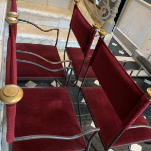 Suite de 4 Chaises / Fauteuils Italiens Curule SAVONAROLA Fer Forgé Laiton 1940s