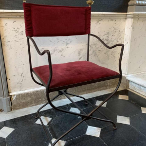 Suite de 4 Chaises / Fauteuils Italiens Curule SAVONAROLA Fer Forgé Laiton 1940s