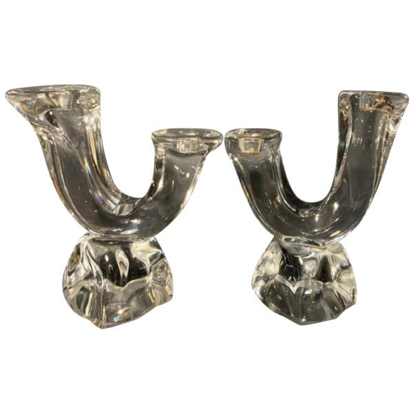DAUM France " Verseau" Pair of Candlesticks / Candelabras Brutalist Crystal 1950