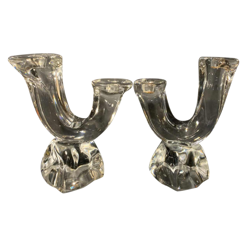 DAUM France "Verseau" Paire de Chandeliers / Bougeoirs, Cristal Brutaliste, 1950