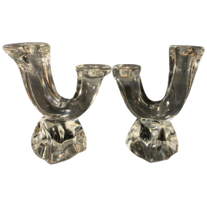 DAUM France "Verseau" Paire de Chandeliers / Bougeoirs, Cristal Brutaliste, 1950