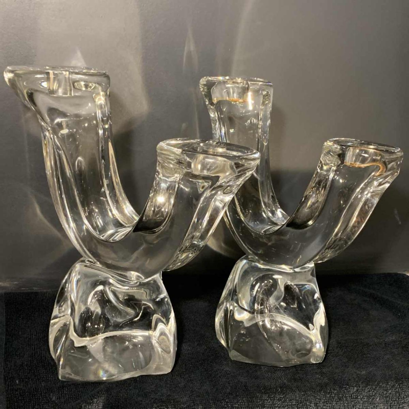 DAUM France "Verseau" Paire de Chandeliers / Bougeoirs, Cristal Brutaliste, 1950