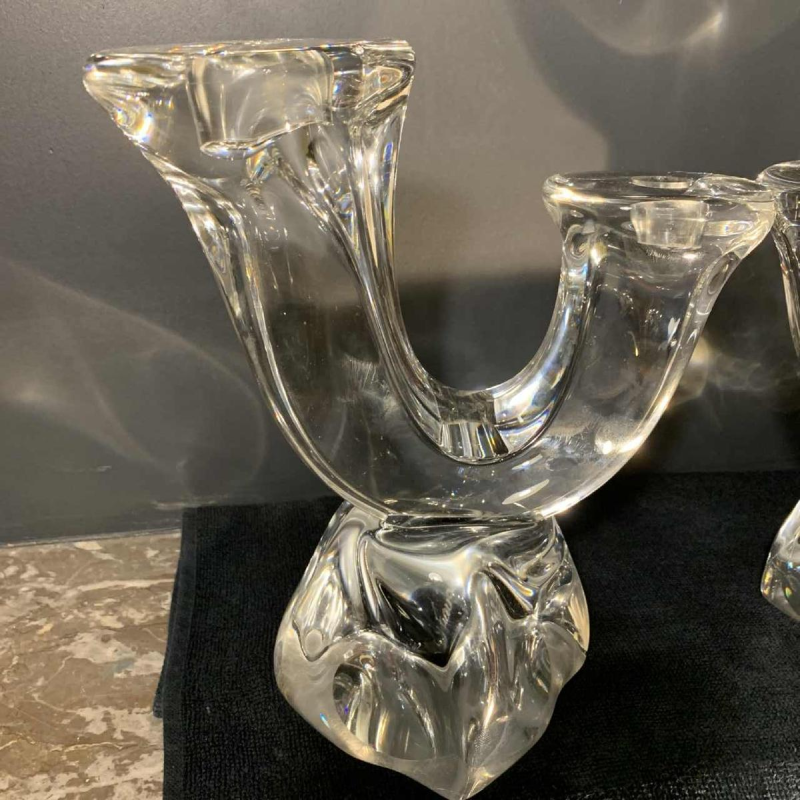 DAUM France "Verseau" Paire de Chandeliers / Bougeoirs, Cristal Brutaliste, 1950