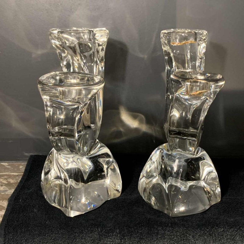 DAUM France " Verseau" Pair of Candlesticks / Candelabras Brutalist Crystal 1950