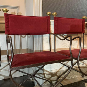 Suite de 4 Chaises / Fauteuils Italiens Curule SAVONAROLA Fer Forgé Laiton 1940s